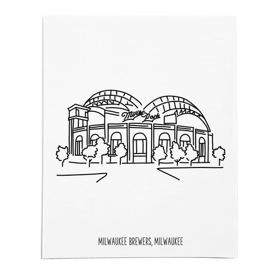 An art print featuring a line drawing of the Brewers Ballpark on white linen paper