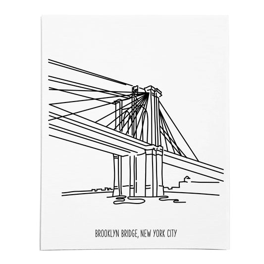 An art print featuring a line drawing of the Brooklyn Bridge on white linen paper