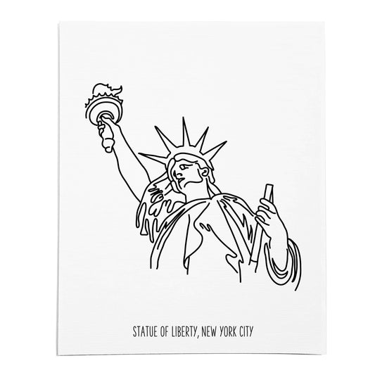 An art print featuring a line drawing of the Statue of Liberty on white linen paper