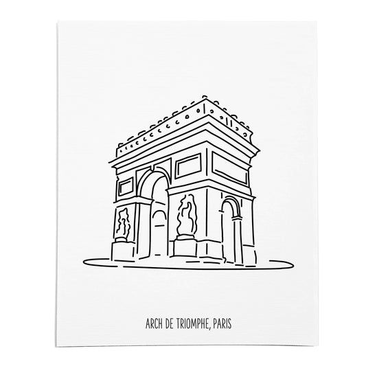 An art print featuring a line drawing of the Arc de Triomphe on white linen paper
