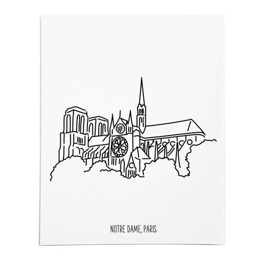 An art print featuring a line drawing of Notre Dame on white linen paper