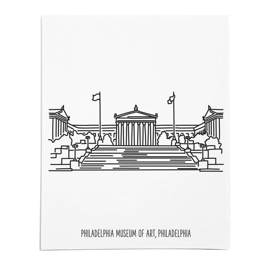 An art print featuring a line drawing of the Philadelphia Art Museum on white linen paper