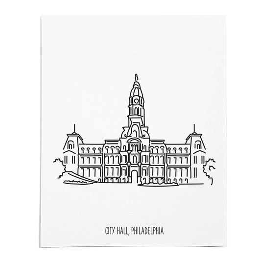 An art print featuring a line drawing of Philadelphia City Hall on white linen paper