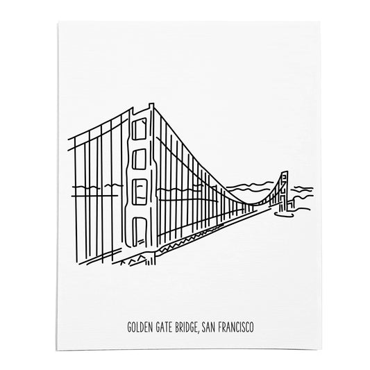 An art print featuring a line drawing of the Golden Gate Bridge on white linen paper