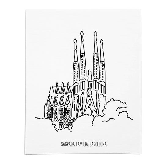 An art print featuring a line drawing of the Sagrada Familia on white linen paper