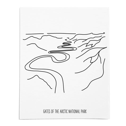 An art print featuring a line drawing of Gates of the Arctic National Park on white linen paper