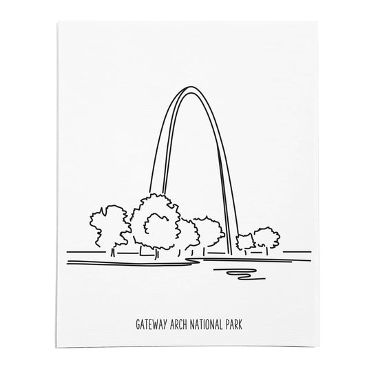 An art print featuring a line drawing of Gateway Arch National Park on white linen paper