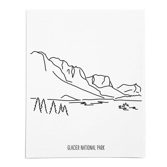 An art print featuring a line drawing of Glacier National Park on white linen paper