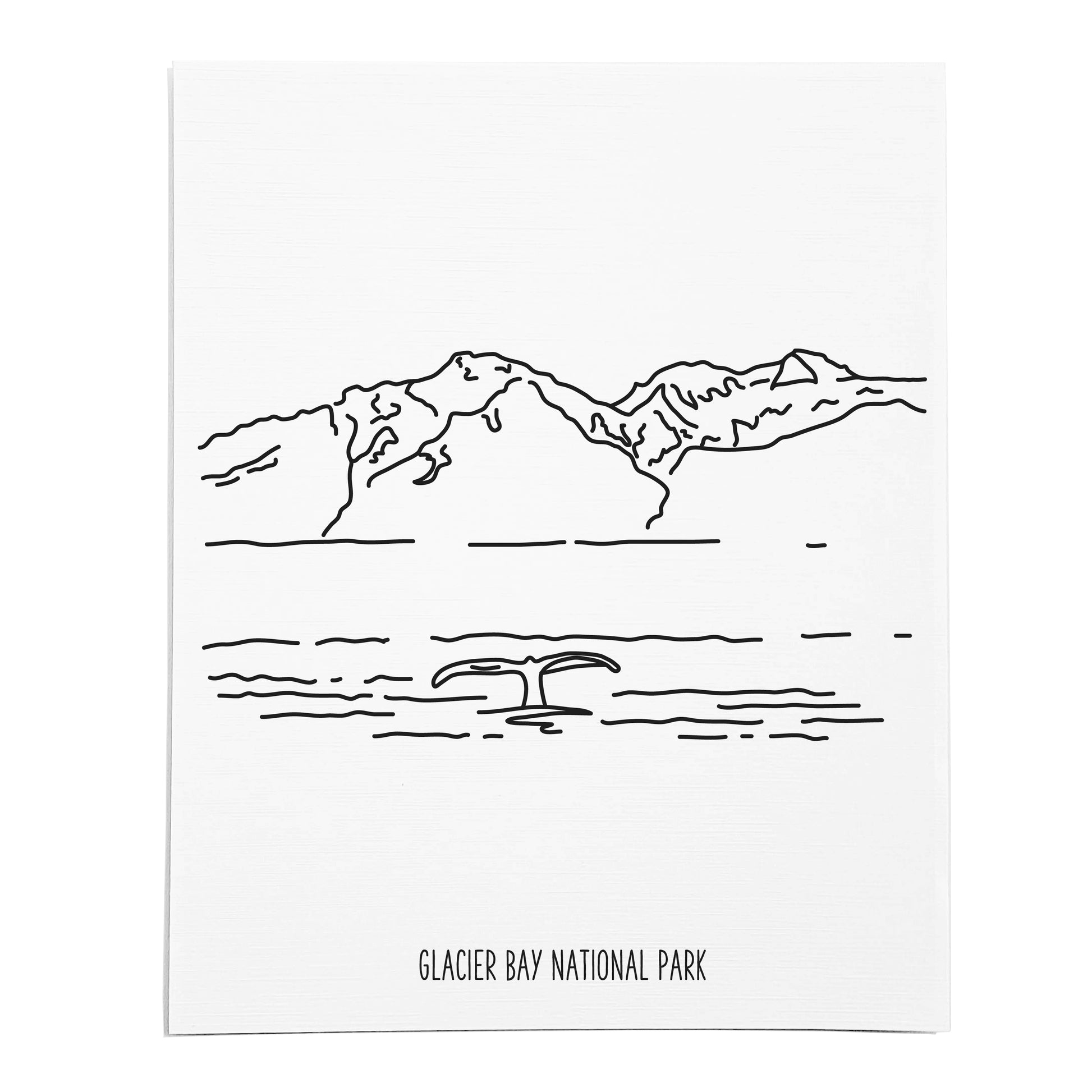 An art print featuring a line drawing of Glacier Bay National Park on white linen paper