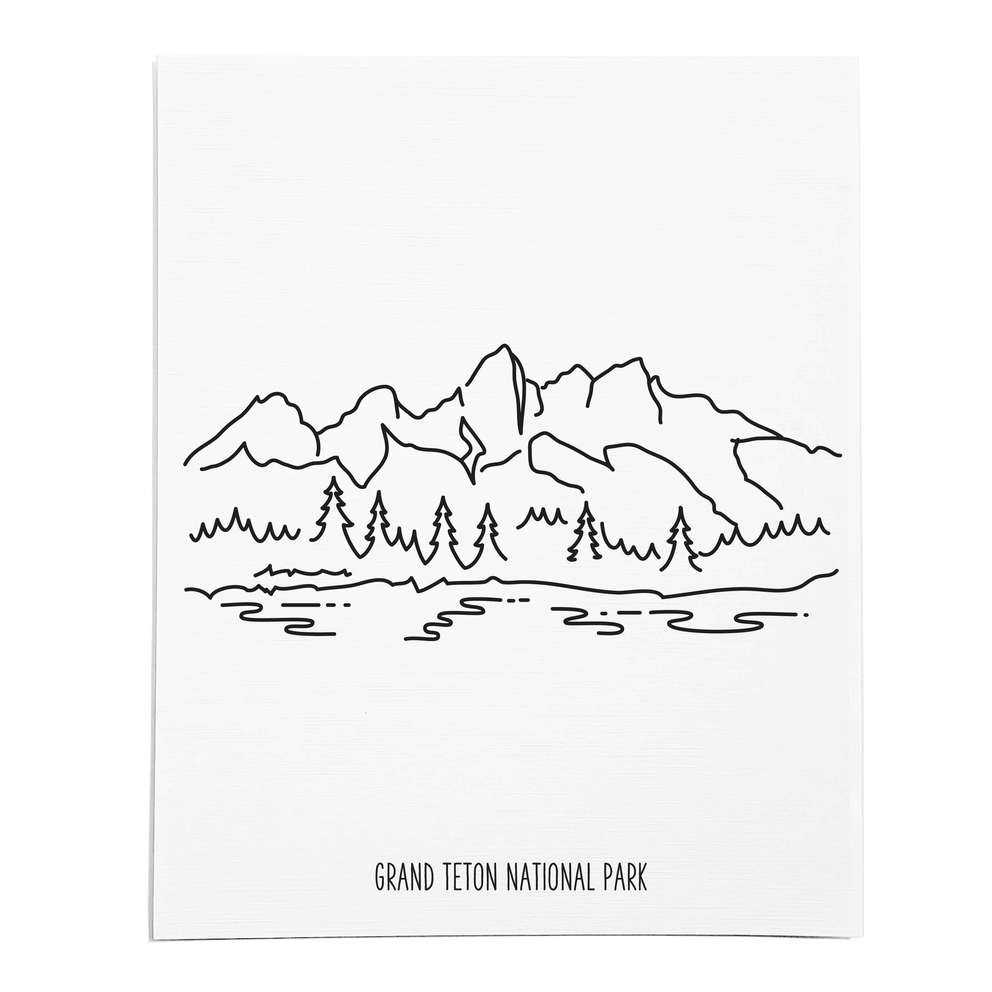 An art print featuring a line drawing of Grand Teton National Park on white linen paper