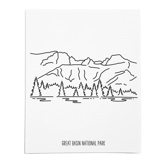 An art print featuring a line drawing of Great Basin National Park on white linen paper