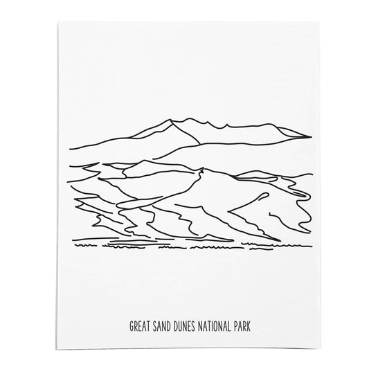 An art print featuring a line drawing of Great Sand Dunes National Park on white linen paper