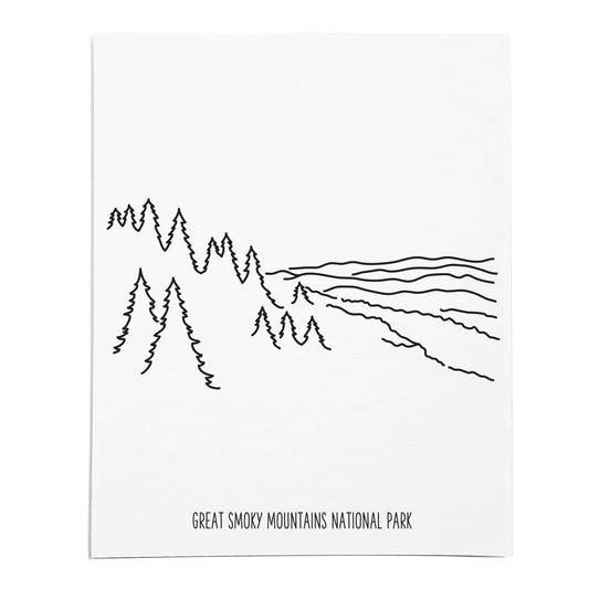 An art print featuring a line drawing of Great Smoky Mountains National Park on white linen paper