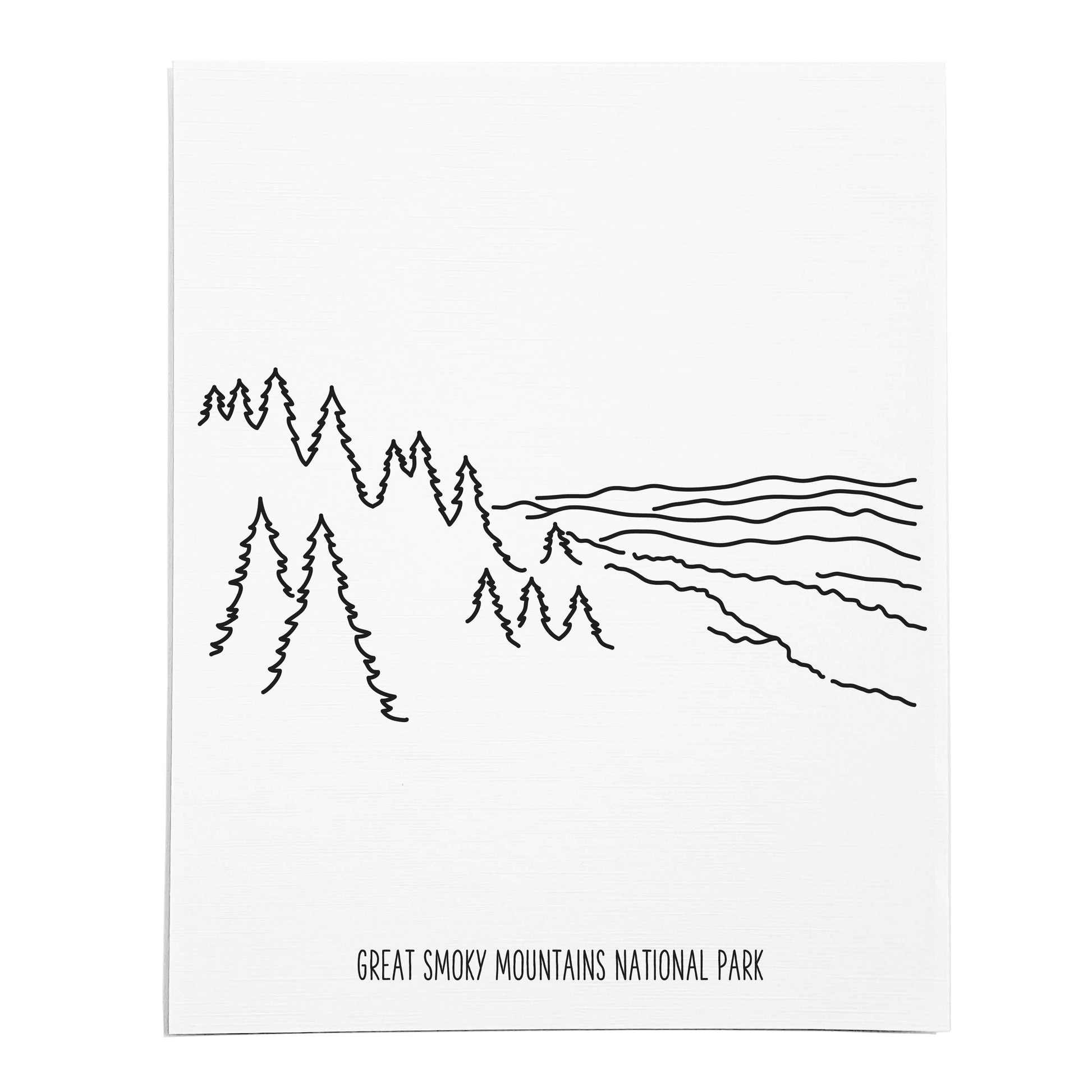 An art print featuring a line drawing of Great Smoky Mountains National Park on white linen paper
