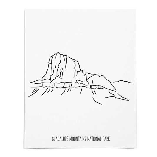 An art print featuring a line drawing of Guadalupe Mountains National Park on white linen paper