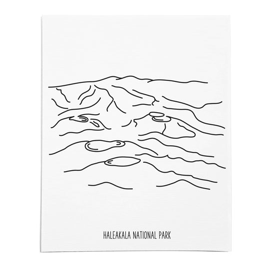 An art print featuring a line drawing of Haleakala National Park on white linen paper