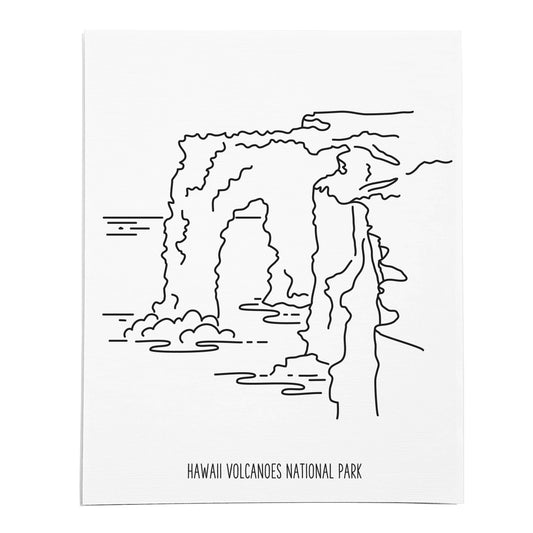 An art print featuring a line drawing of Hawaii Volcanoes National Park on white linen paper