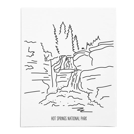 An art print featuring a line drawing of Hot Springs National Park on white linen paper
