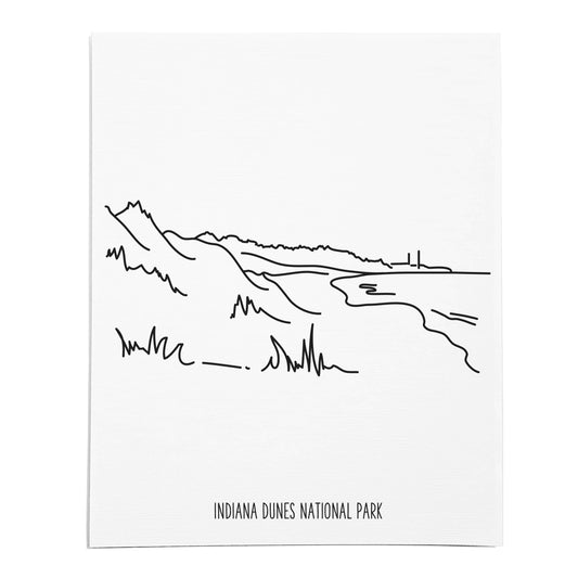 An art print featuring a line drawing of Indiana Dunes National Park on white linen paper
