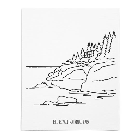 An art print featuring a line drawing of Isle Royale National Park on white linen paper