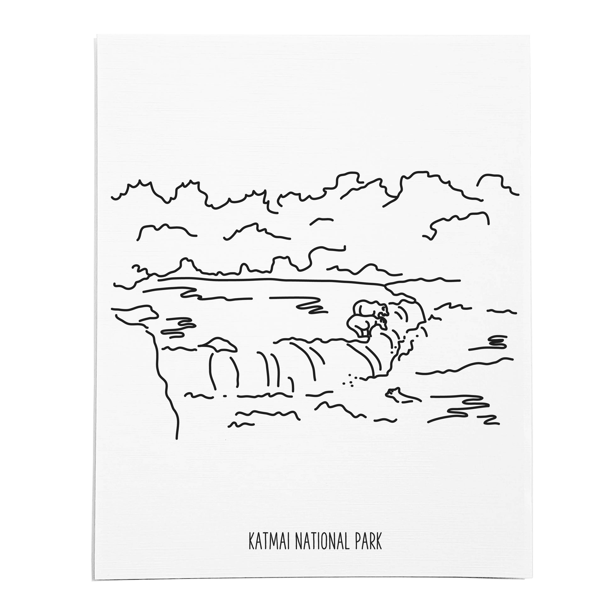 An art print featuring a line drawing of Katmai National Park on white linen paper