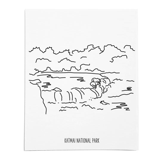 An art print featuring a line drawing of Katmai National Park on white linen paper