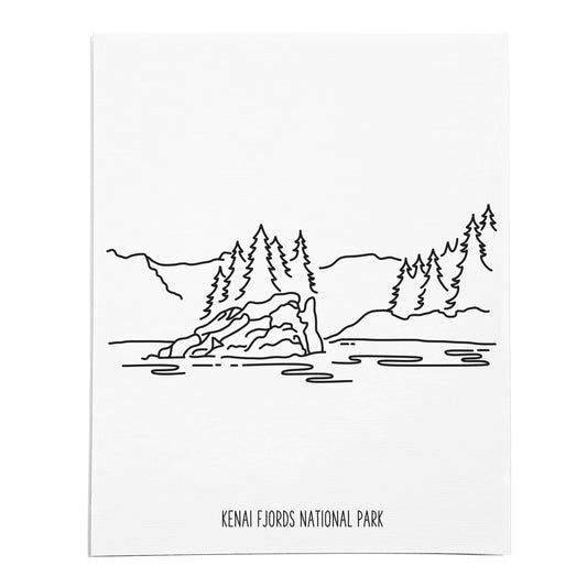 An art print featuring a line drawing of Kenai Fjords National Park on white linen paper
