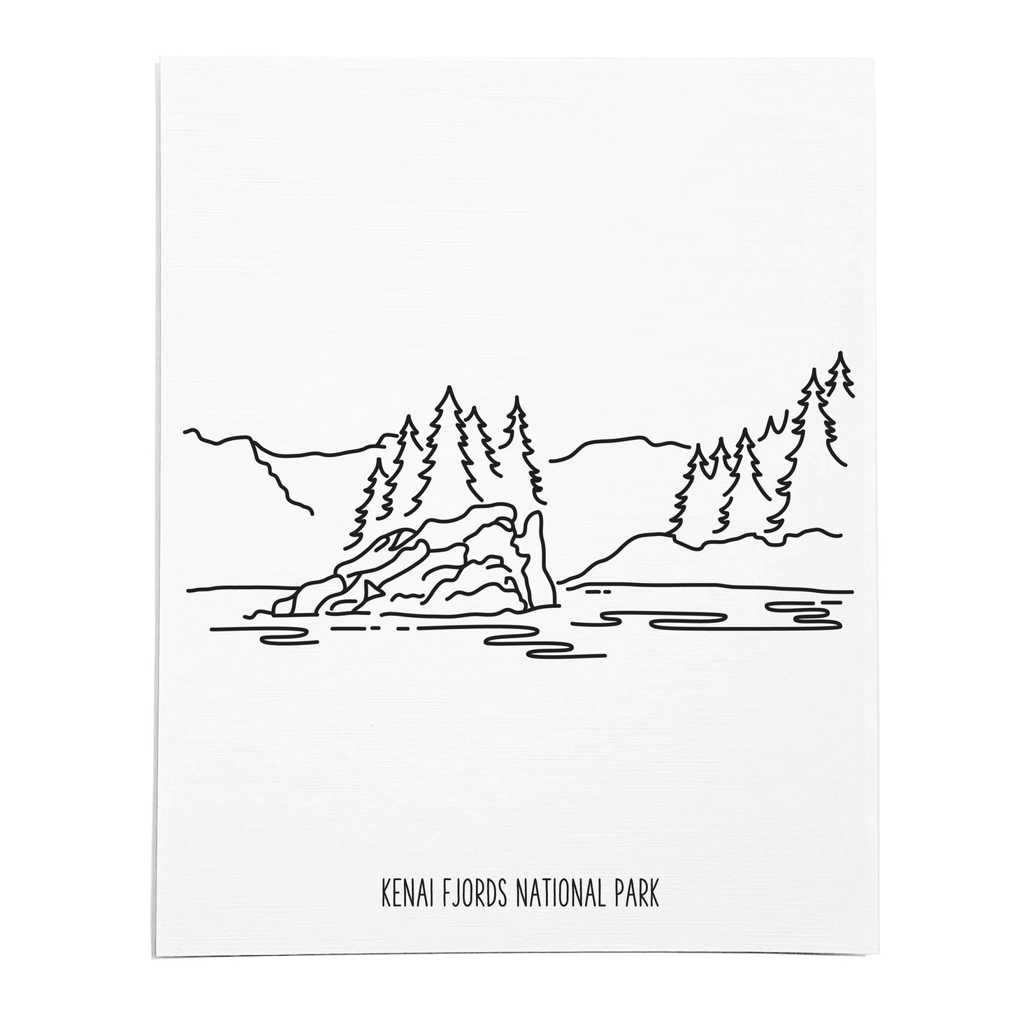 An art print featuring a line drawing of Kenai Fjords National Park on white linen paper
