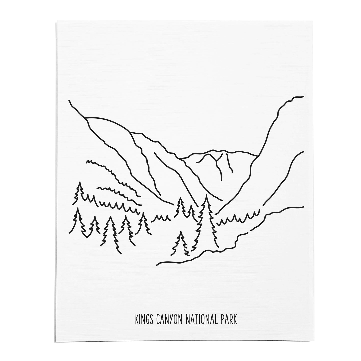 An art print featuring a line drawing of Kings Canyon National Park on white linen paper