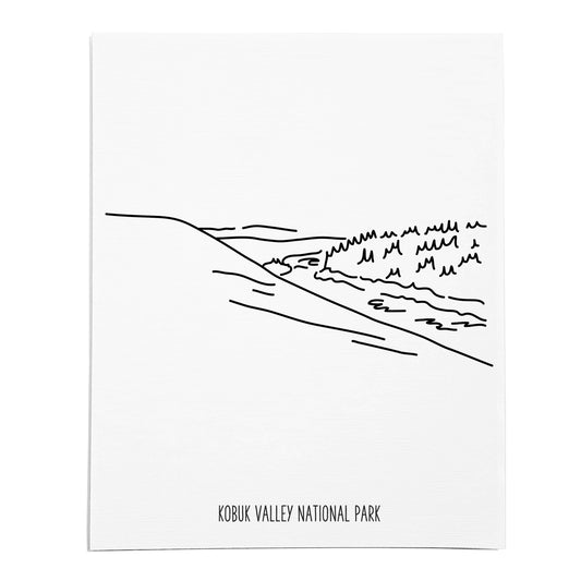 An art print featuring a line drawing of Kobuk Valley National Park on white linen paper