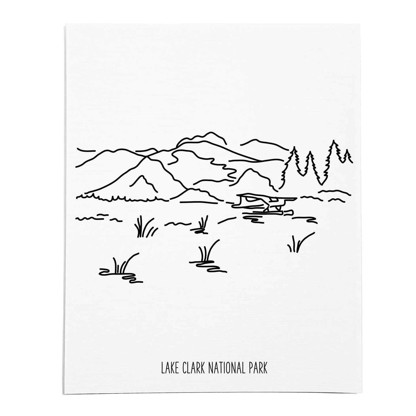 An art print featuring a line drawing of Lake Clark National Park on white linen paper