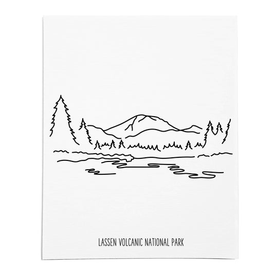 An art print featuring a line drawing of Lassen Volcanic National Park on white linen paper