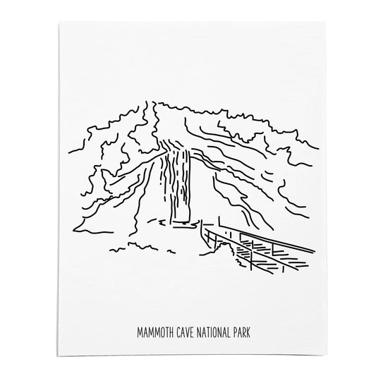 An art print featuring a line drawing of Mammoth Cave National Park on white linen paper