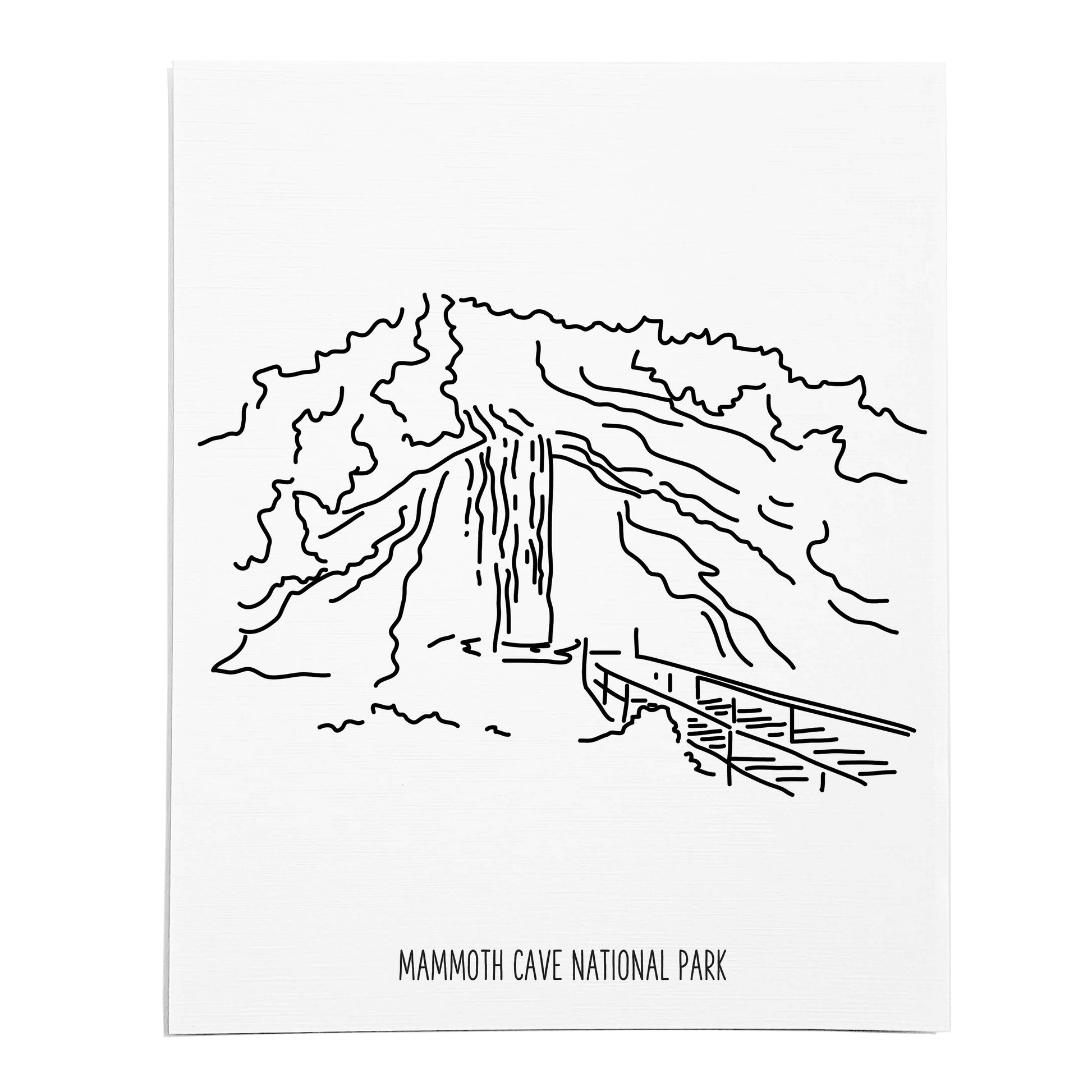 An art print featuring a line drawing of Mammoth Cave National Park on white linen paper