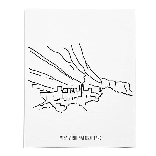 An art print featuring a line drawing of Mesa Verde National Park on white linen paper