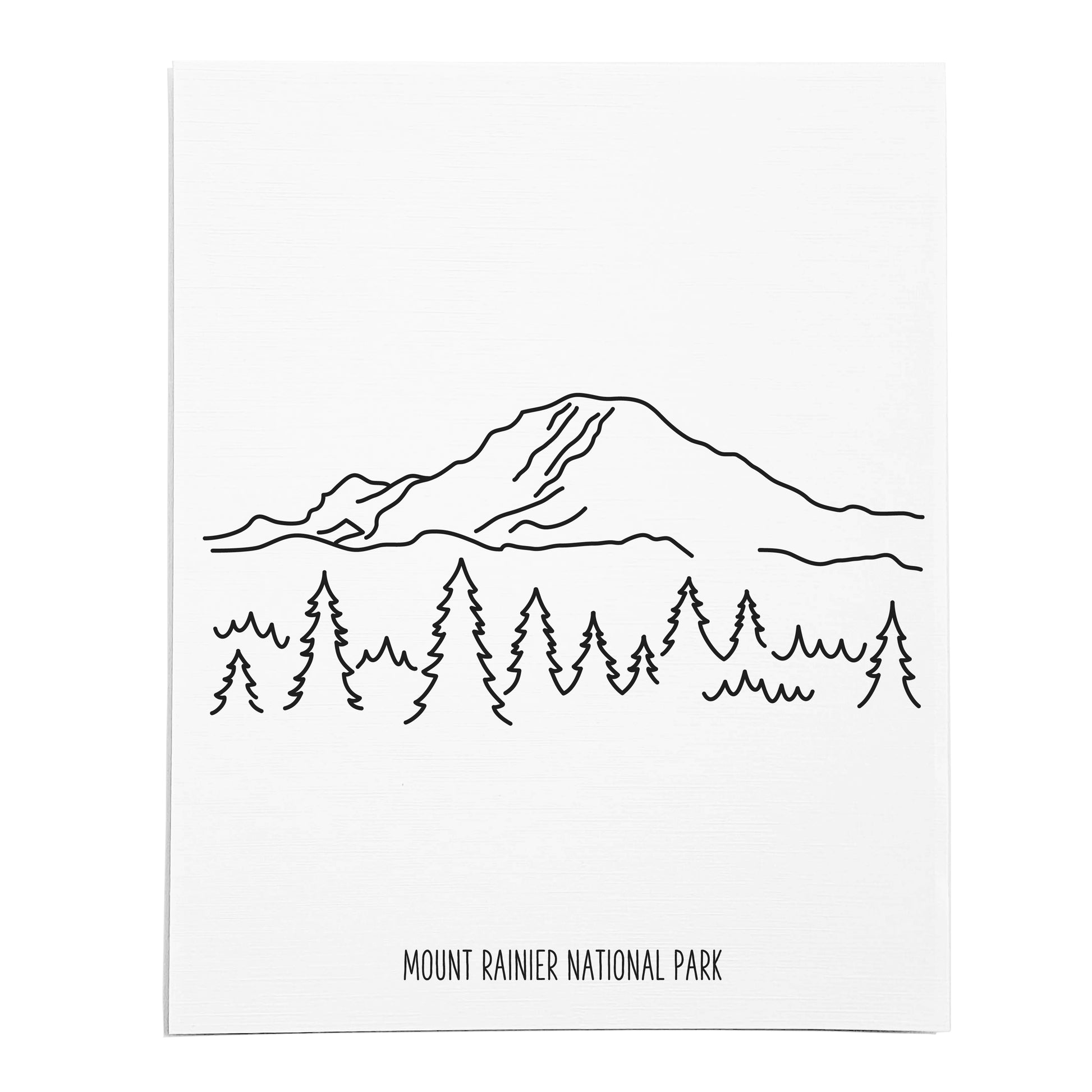 An art print featuring a line drawing of Mount Rainier National Park on white linen paper