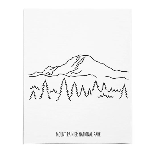 An art print featuring a line drawing of Mount Rainier National Park on white linen paper