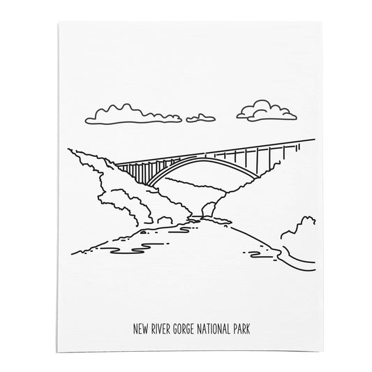 An art print featuring a line drawing of New River Gorge National Park on white linen paper