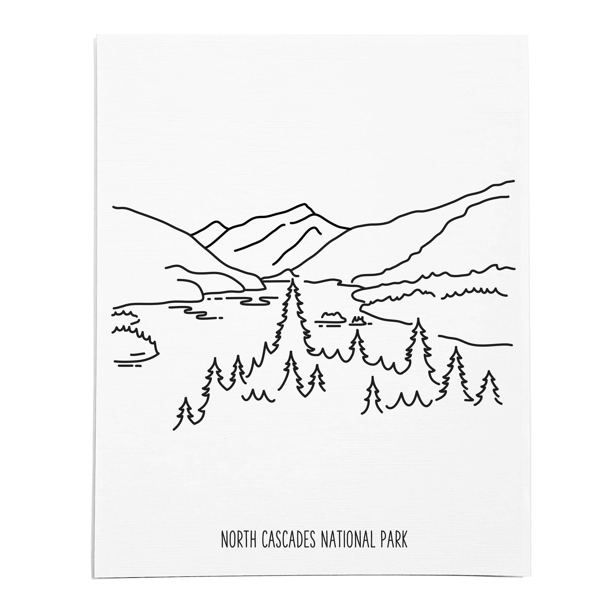 An art print featuring a line drawing of North Cascades National Park on white linen paper