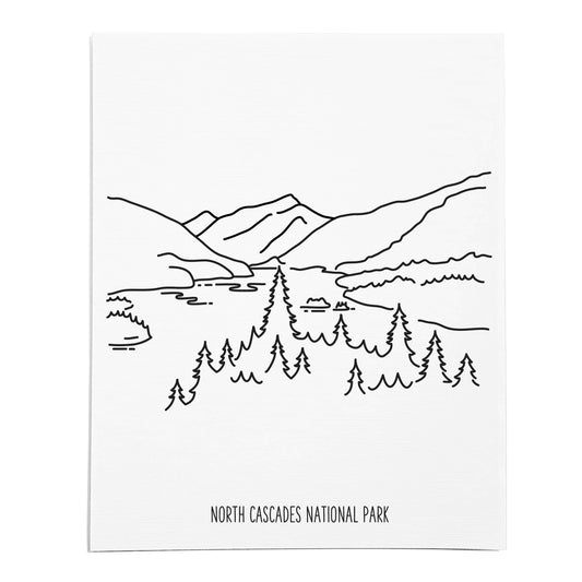 An art print featuring a line drawing of North Cascades National Park on white linen paper
