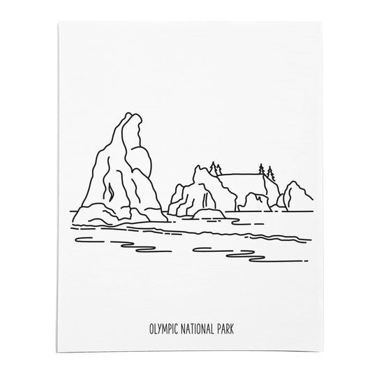 An art print featuring a line drawing of Olympic National Park on white linen paper
