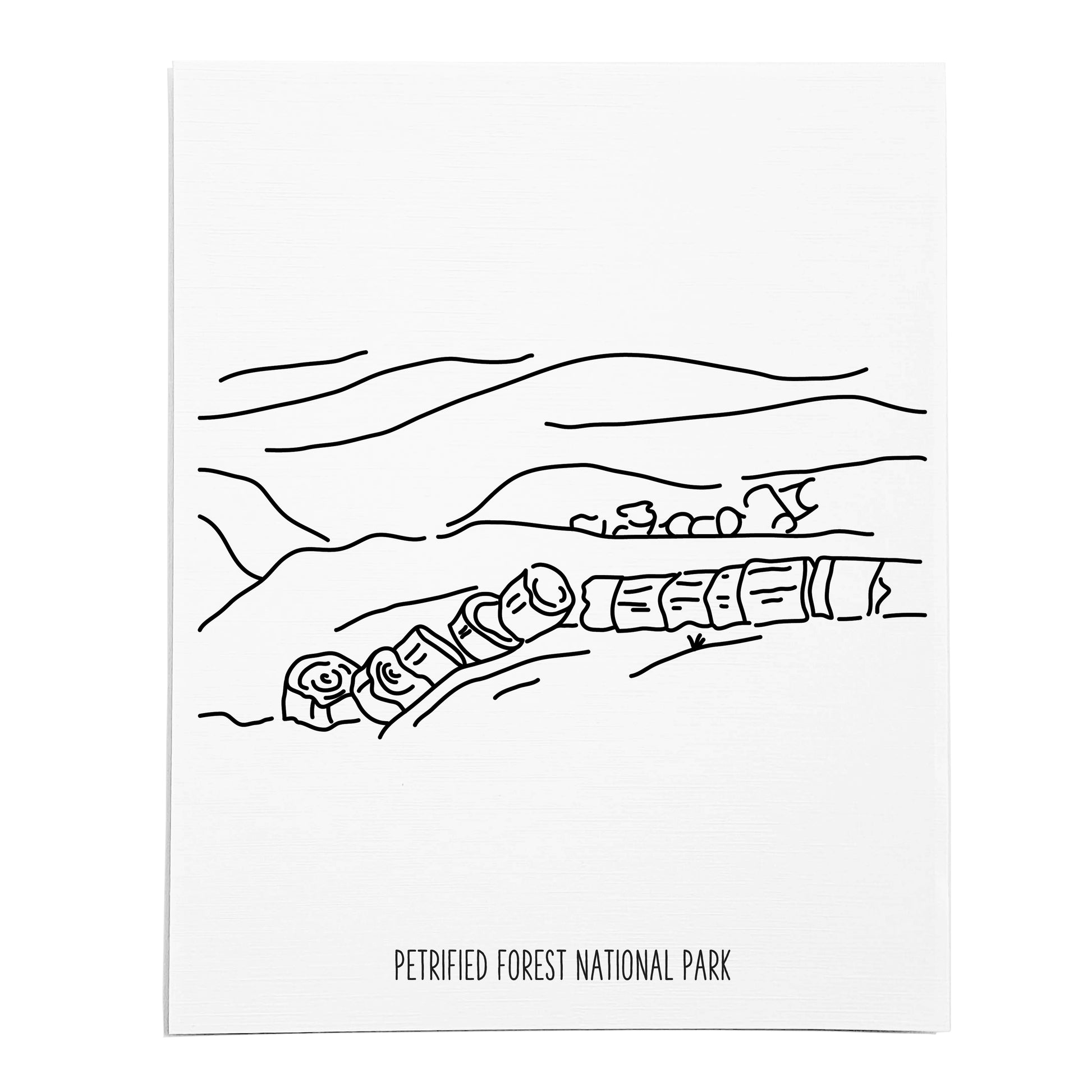 An art print featuring a line drawing of Petrified Forest National Park on white linen paper