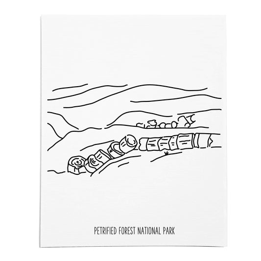 An art print featuring a line drawing of Petrified Forest National Park on white linen paper