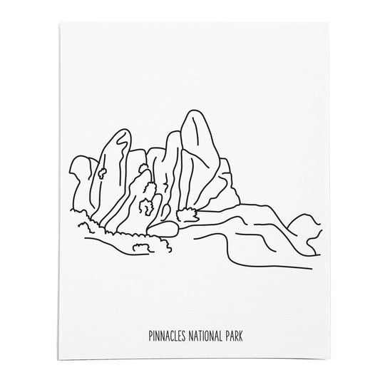 An art print featuring a line drawing of Pinnacles National Park on white linen paper