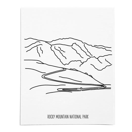 An art print featuring a line drawing of Rocky Mountain National Park on white linen paper