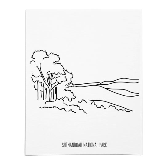 An art print featuring a line drawing of Shenandoah National Park on white linen paper