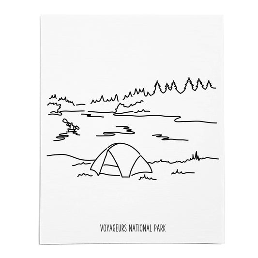 An art print featuring a line drawing of Voyageurs National Park on white linen paper