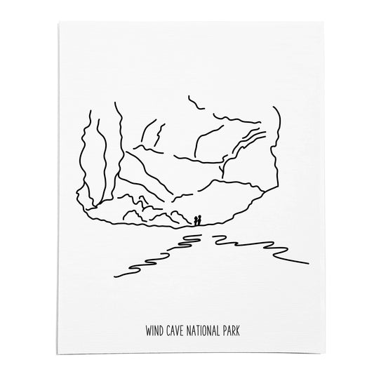 An art print featuring a line drawing of Wind Cave National Park on white linen paper