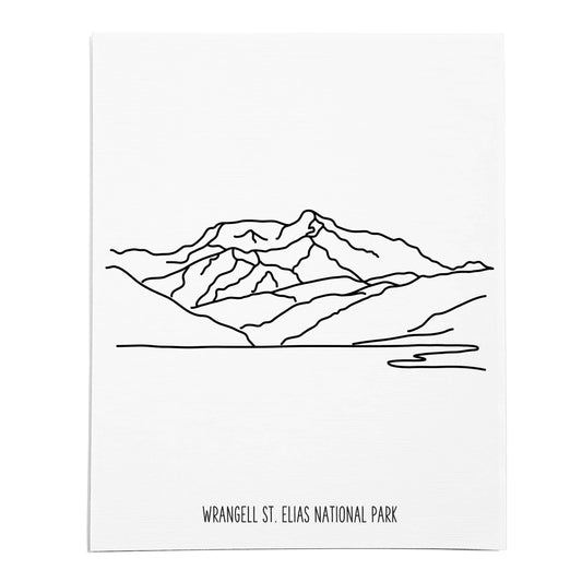 An art print featuring a line drawing of Wrangell Saint Elias National Park on white linen paper
