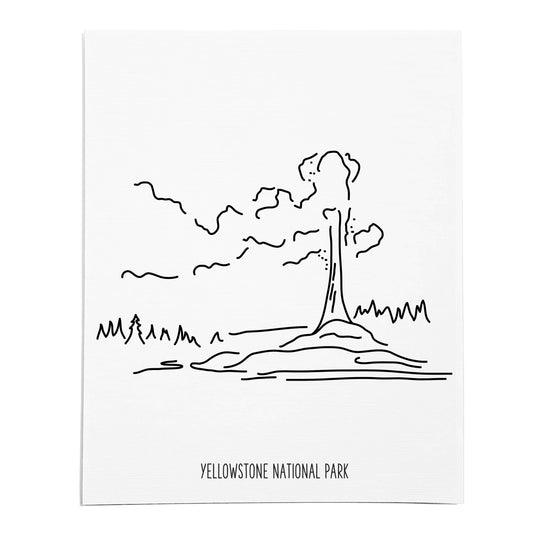 An art print featuring a line drawing of Yellowstone National Park on white linen paper